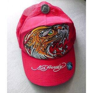 Ed Hardy Y2K Red Tiger Tattoo Trucker Hat Mesh Rhinestone Snapback Hat